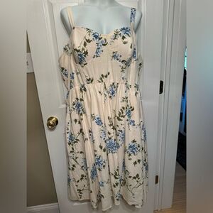 LC LAUREN CONRAD Dress Women's Size 2X Tan Floral Linen Blend Smocked Midi